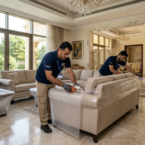 Professional villa movers in Dubai packing luxury furniture with bubble wrap inside a modern villa