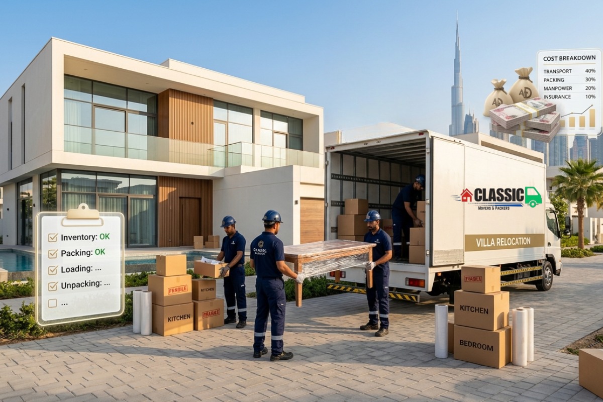 Professional movers in JVC Dubai carefully packing, loading, and transporting household furniture and belongings for a safe relocation.